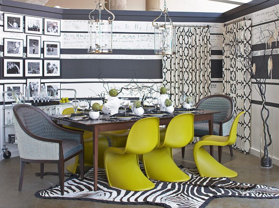 Интерьер столовой в жёлто-серых тонах: креативный дизайн стульев