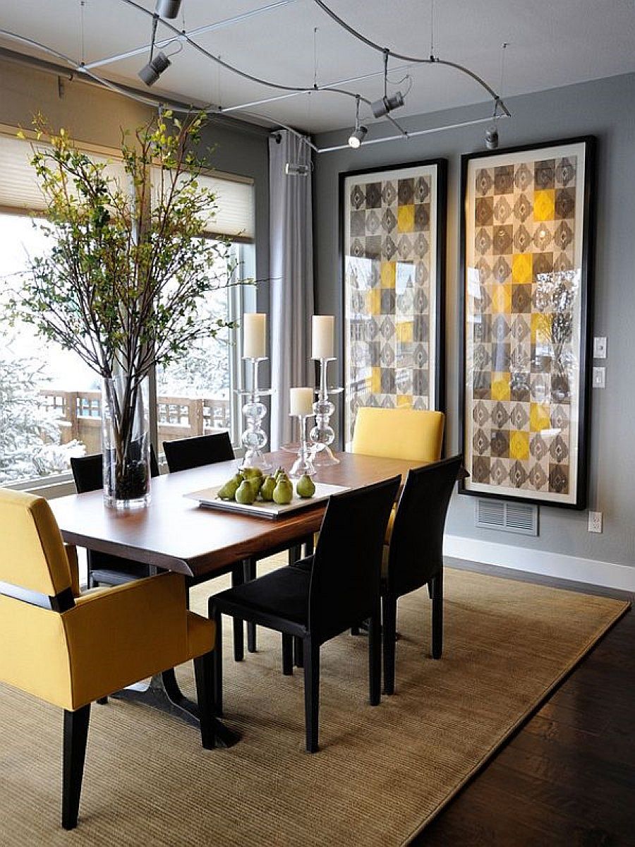 Интерьер столовой в жёлто-серых тонах: серые стены