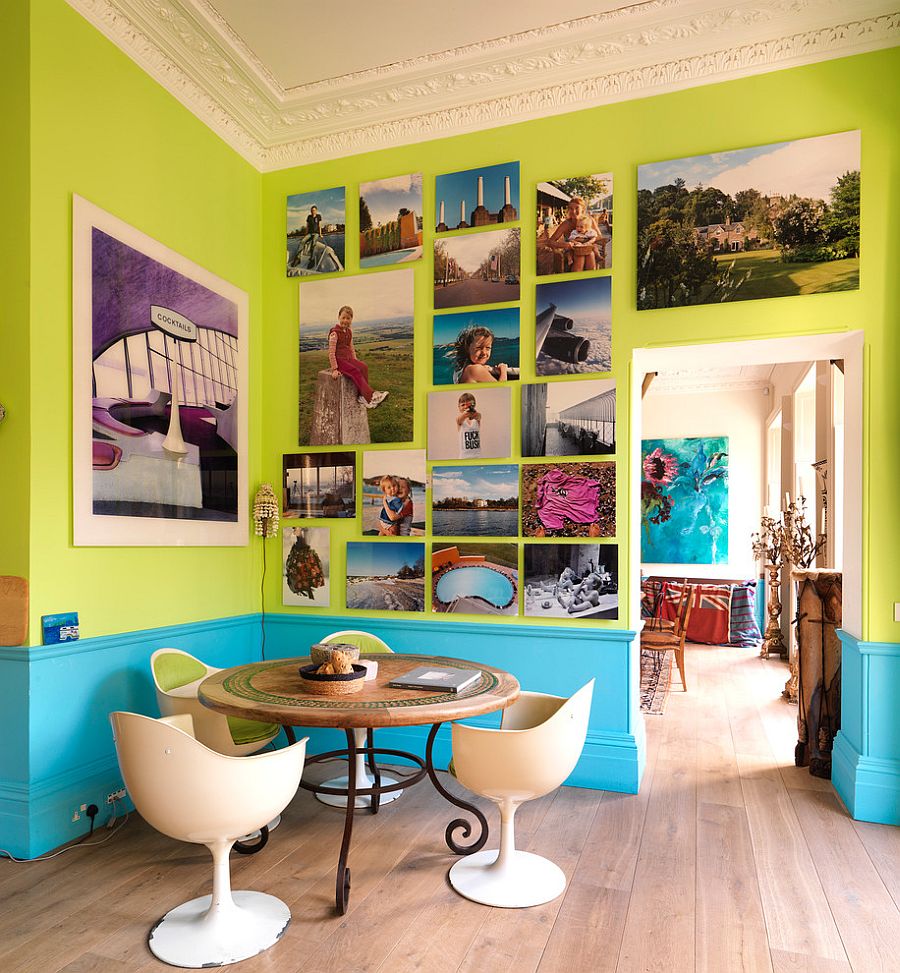 Эклектичный дизайн обеденного зала: салатово-голубые стены