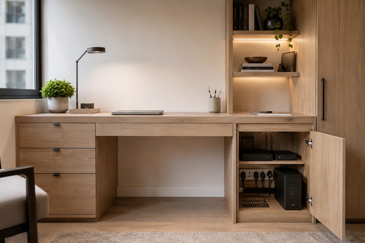 Custom built-in home office desk with light oak cabinetry and open lower technical compartment.