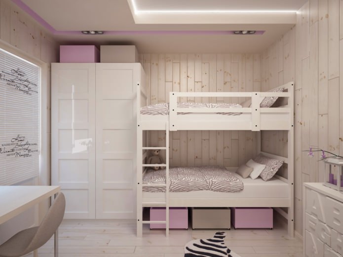 Двухъярусная кровать в детской комнате для двух девочек
