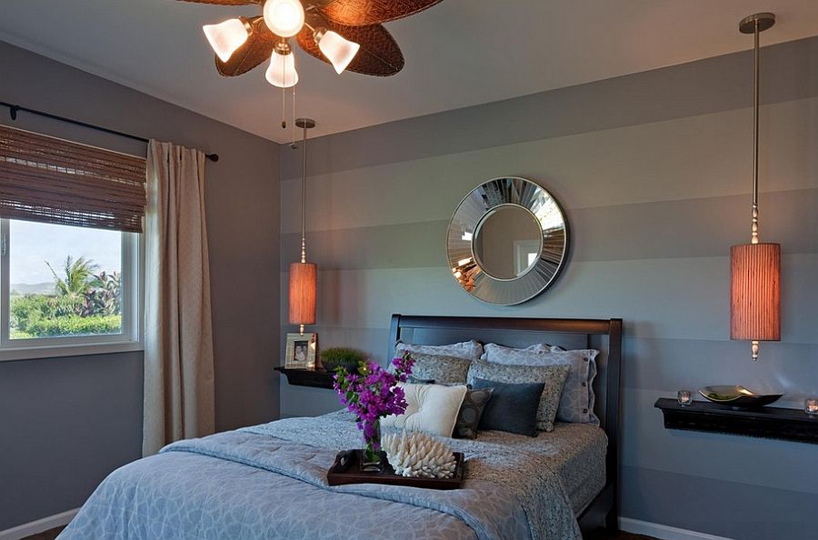 Современный дизайн спальной комнаты с полосатым акцентом стены от студии JSID