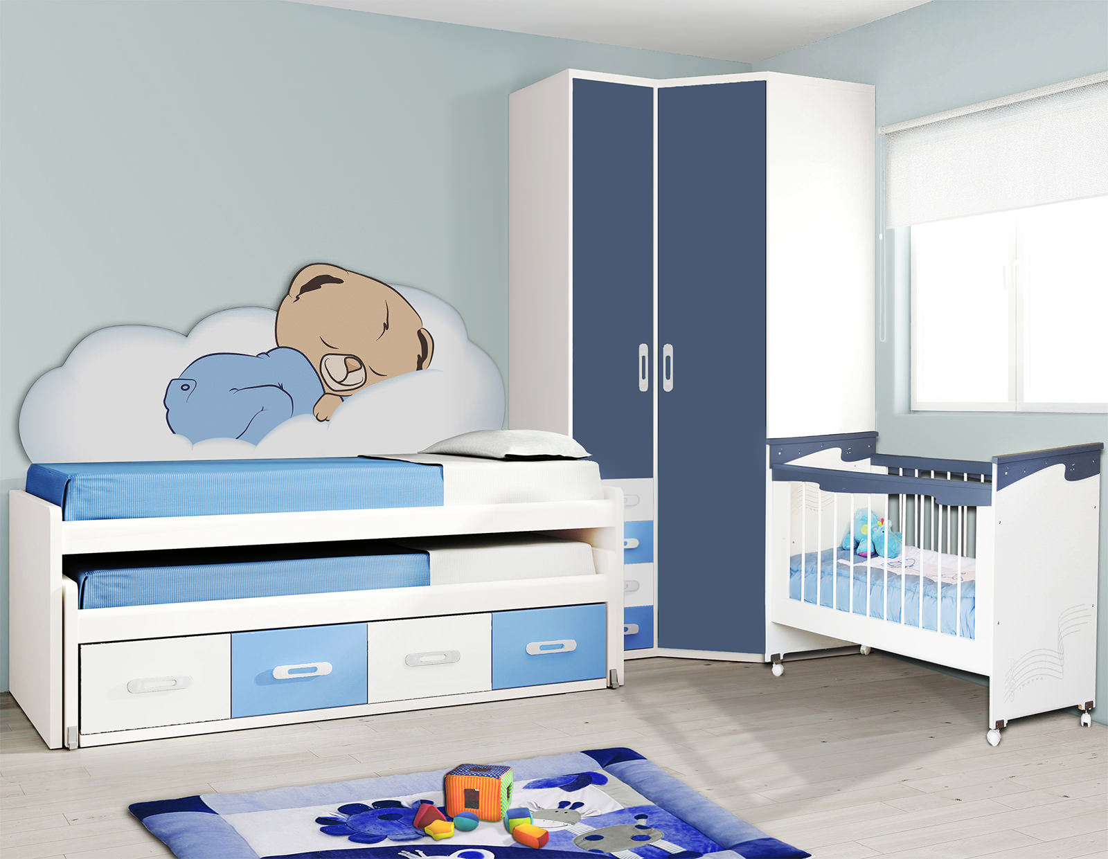 Сине-белая мебель в детской комнате