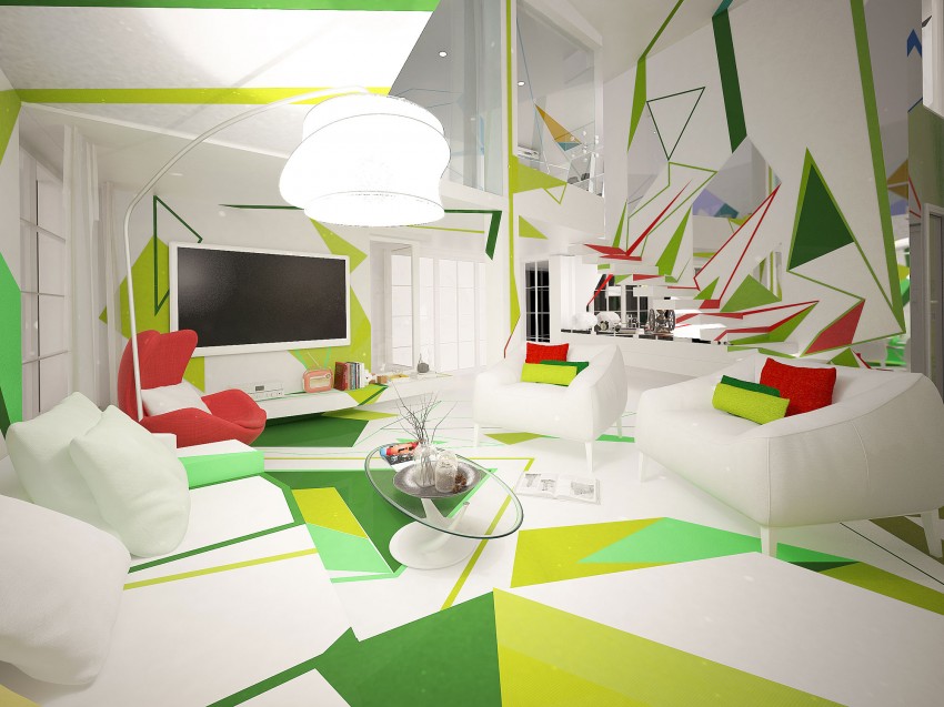 Яркий дизайн интерьера гостиной квартиры в Болгарии