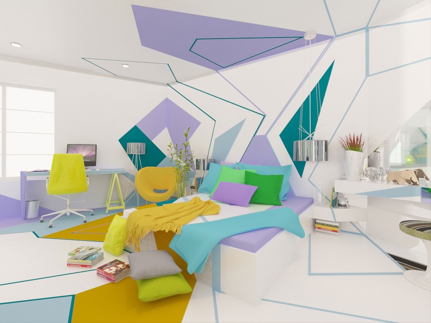 Яркий дизайн интерьера спальной комнаты квартиры в Болгарии