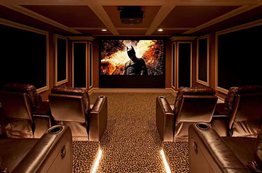 Современный дизайн домашнего кинотеатра в подвальном помещении. Фото 3