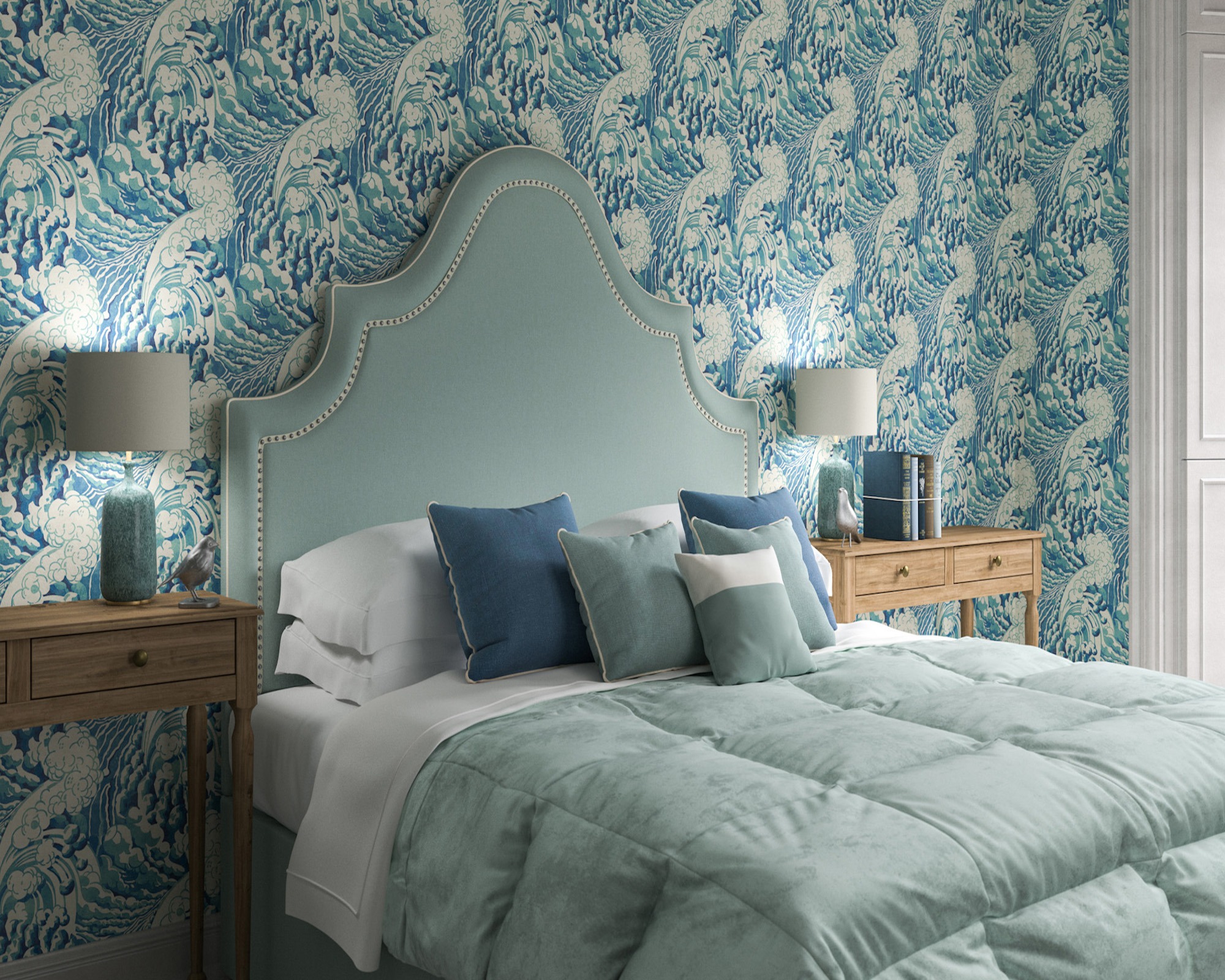 Спальня с волнистым узором обоев и мягким изголовьем
