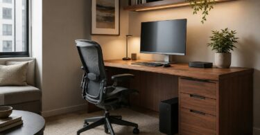 Stylish compact home office in a modern apartment, elegant wooden desk