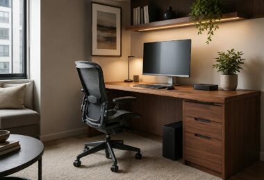 Stylish compact home office in a modern apartment, elegant wooden desk