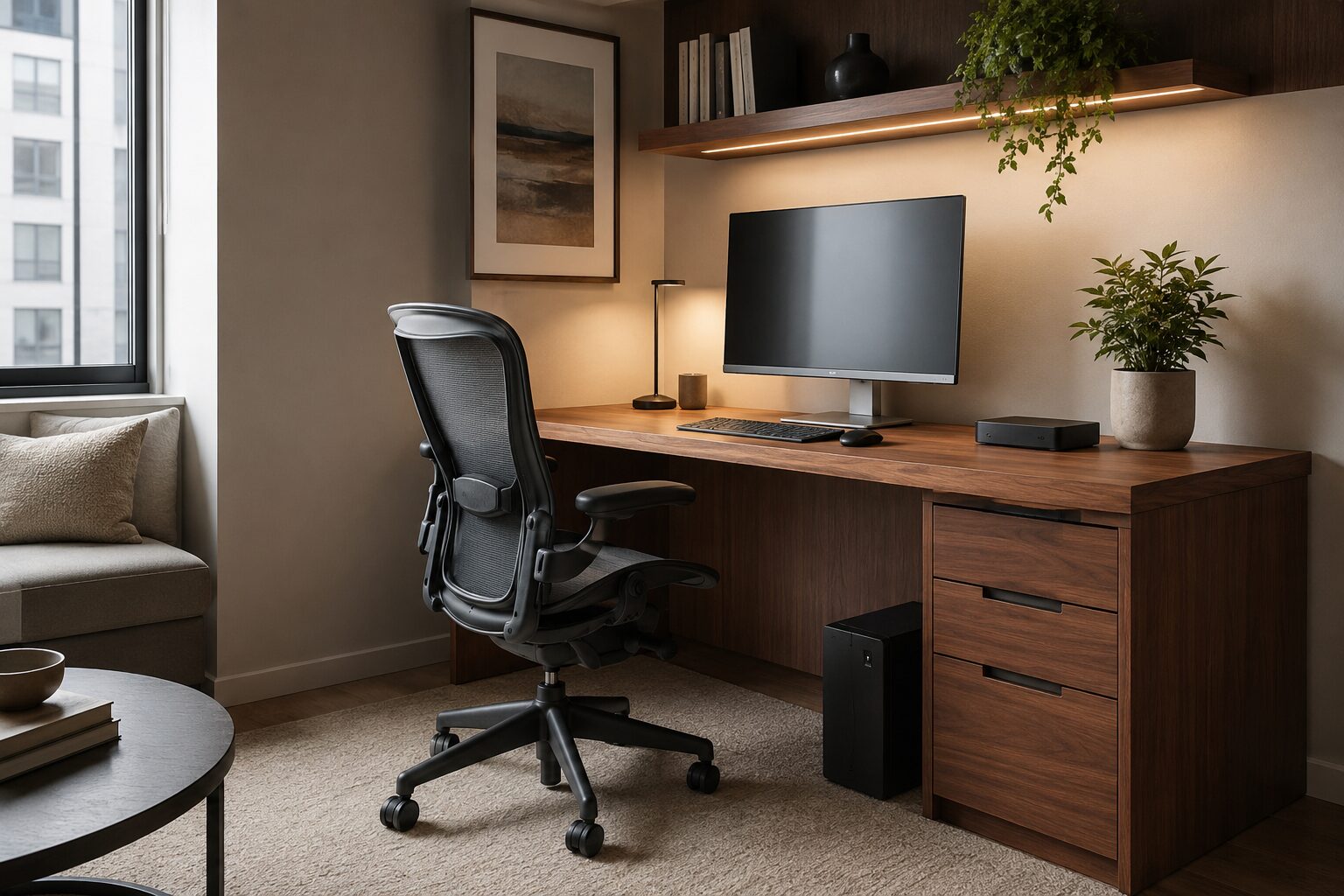 Stylish compact home office in a modern apartment, elegant wooden desk