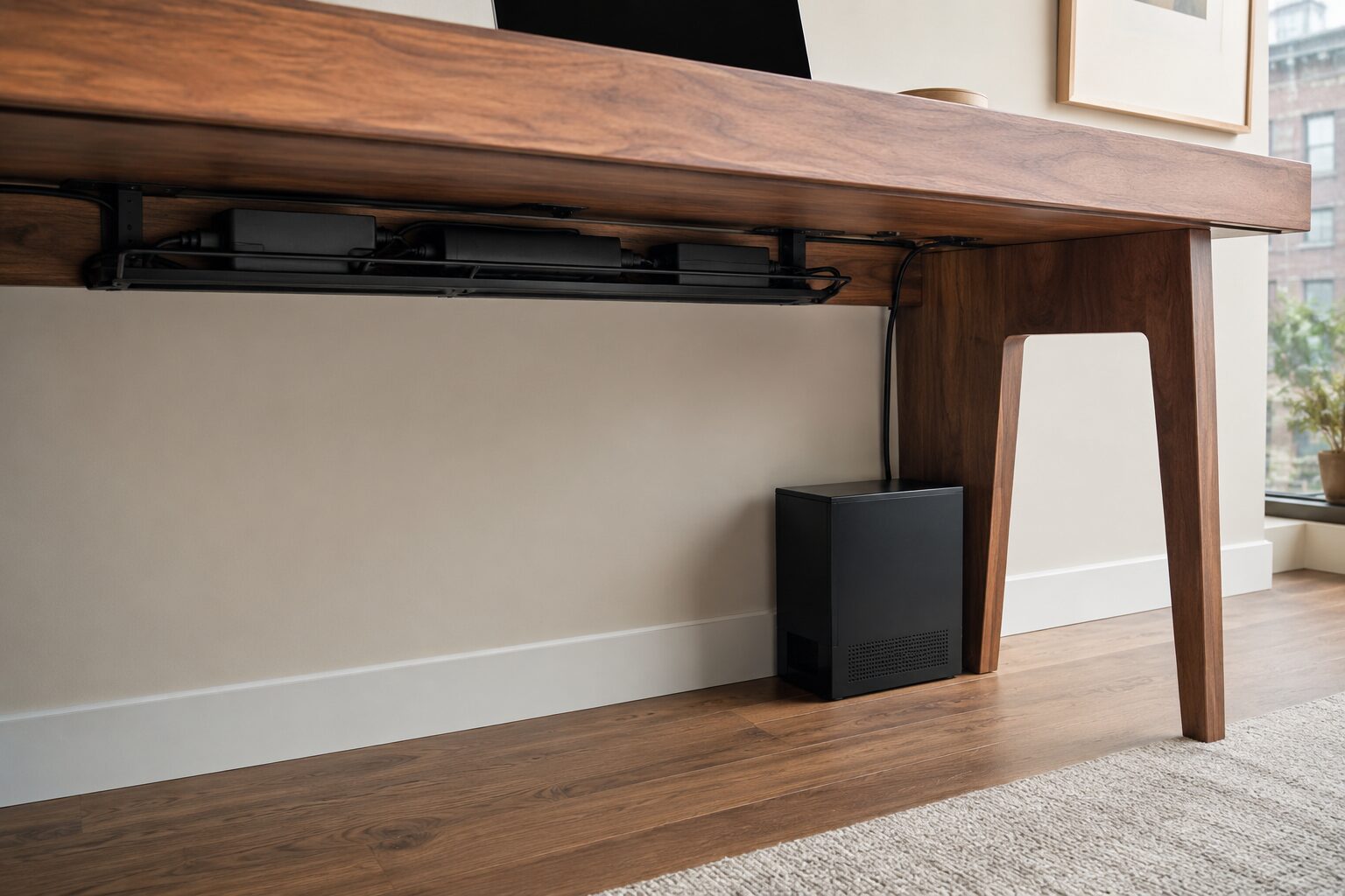 Underside of a beautifully designed modern home office desk showing professional cable management
