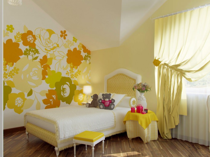 Желтое оформление стен в детской комнате