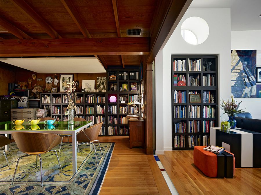 Библиотека в столовой - книжные полки в дизайне столовой