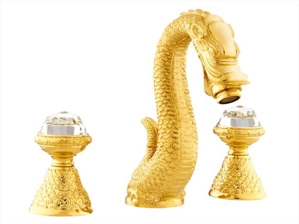 Кран в виде дракона исполнение золото с прозрачными вставками на вентилях