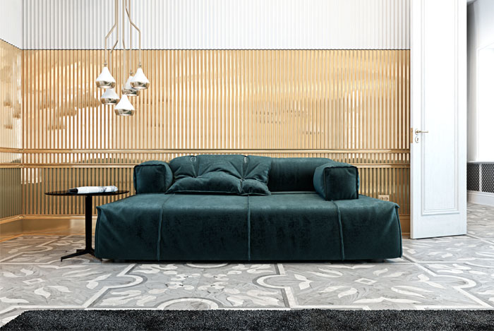 Дизайн интерьера роскошной квартиры: широкий диван