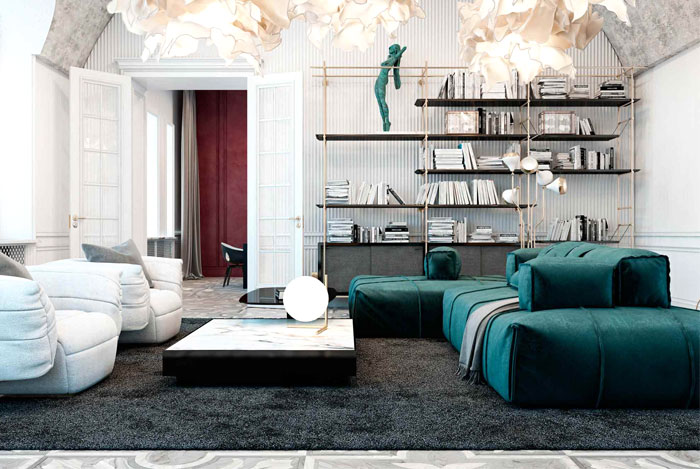 Дизайн интерьера роскошной квартиры: статуэтка такого же цвета, как и диван