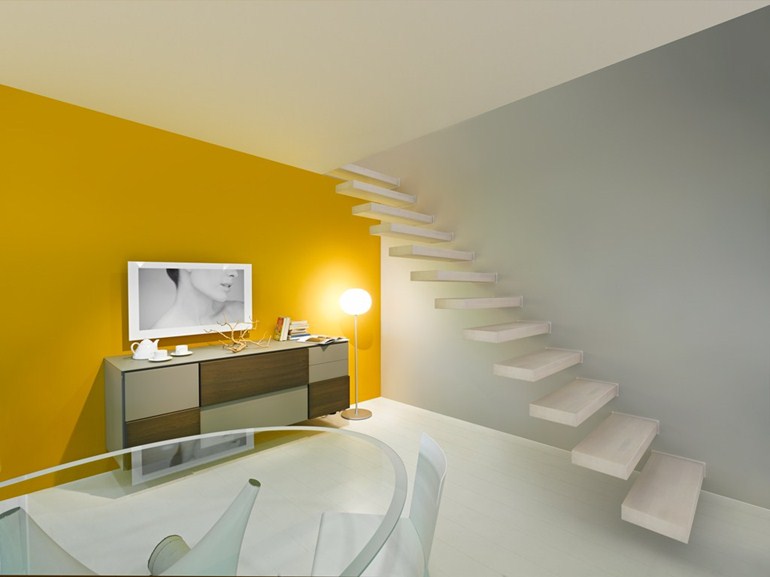 Дизайн белой лестницы без перил в стиле минимализм