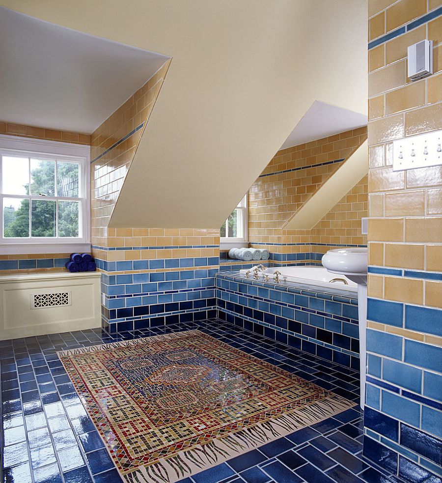 Голубой и жёлтый цвета в ванной - великолепное сочетание: яркий вариант сочетания