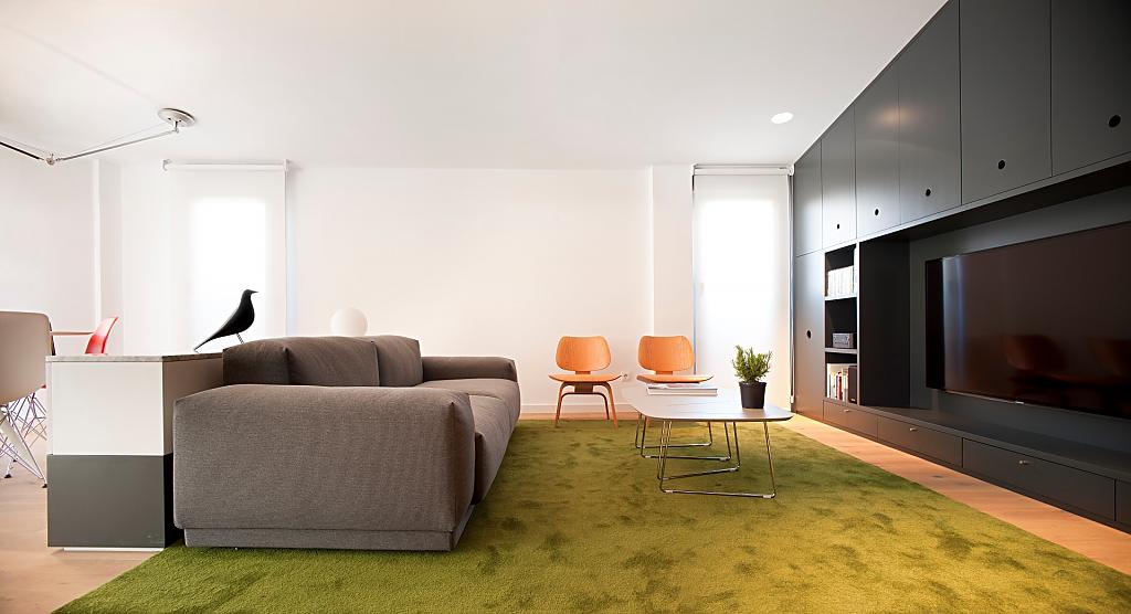 Интерьер гостиной в зеленым ковром