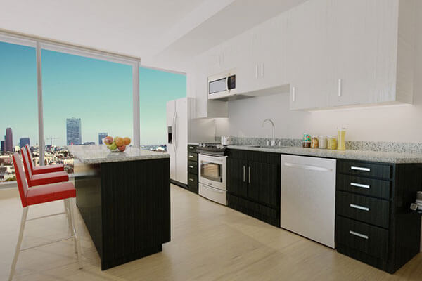 Квартиры в Лос-Анджелесе - чёрно-белый кухонный гарнитур на кухне