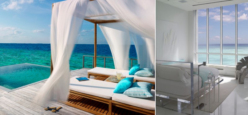 Спальня в тропическом стиле с прозрачной мебелью