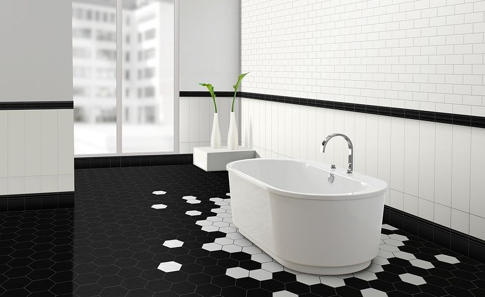 Тренды в дизайне ванной - черно-белая плитка с эффектом пикселей 