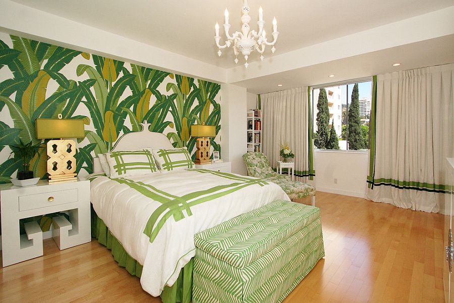 Спальня в зелёном цвете - цветочные принты