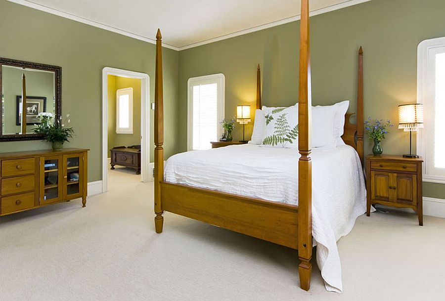 Спальня в зелёном цвете - необычный дизайн кровати