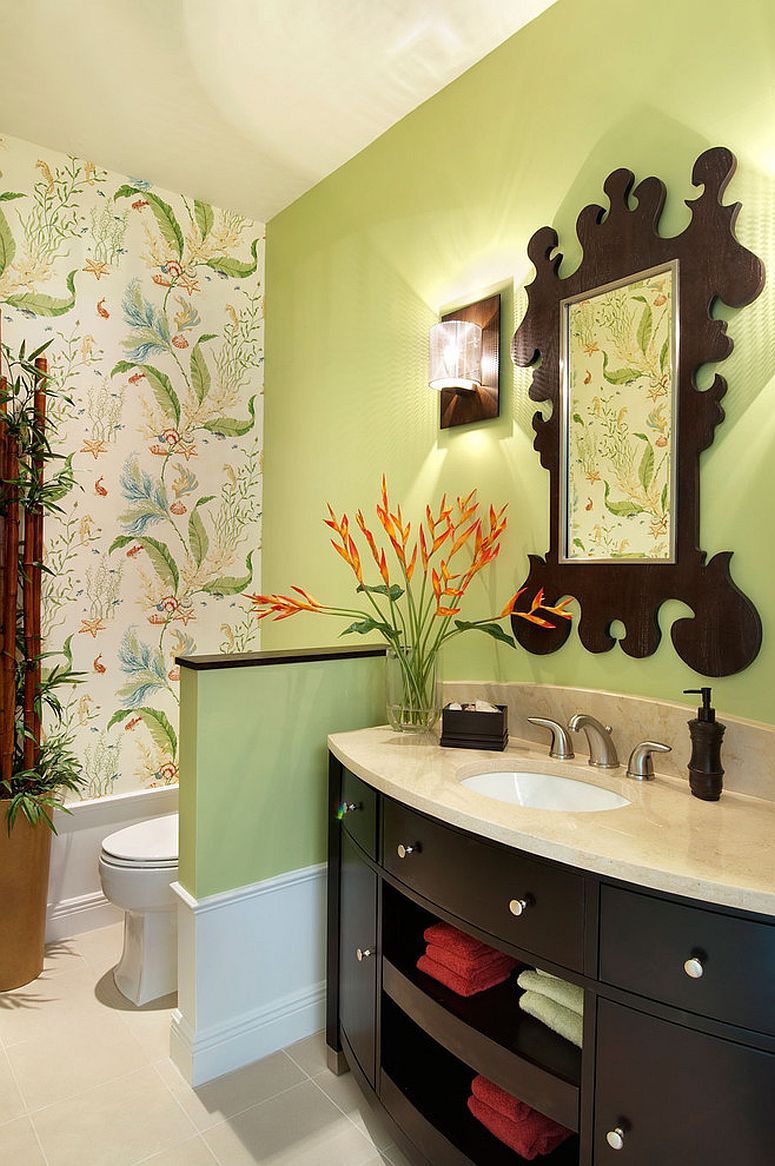 Тропики в ванной – новый необычный стиль: зонирование пространства при помощи обоев