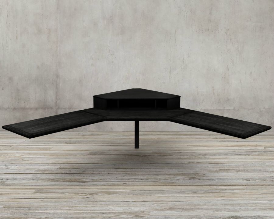 Угловая мебель в интерьере вашей комнаты: журнальный столик чёрного цвета от Restoration Hardware